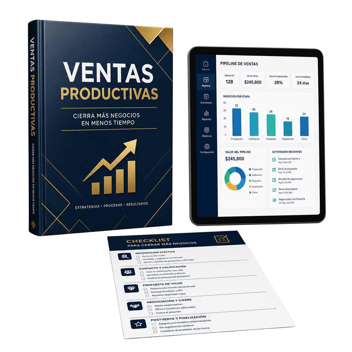 Libro Ventas Productivas junto a tablet con tablero de pipeline y checklist de cierre